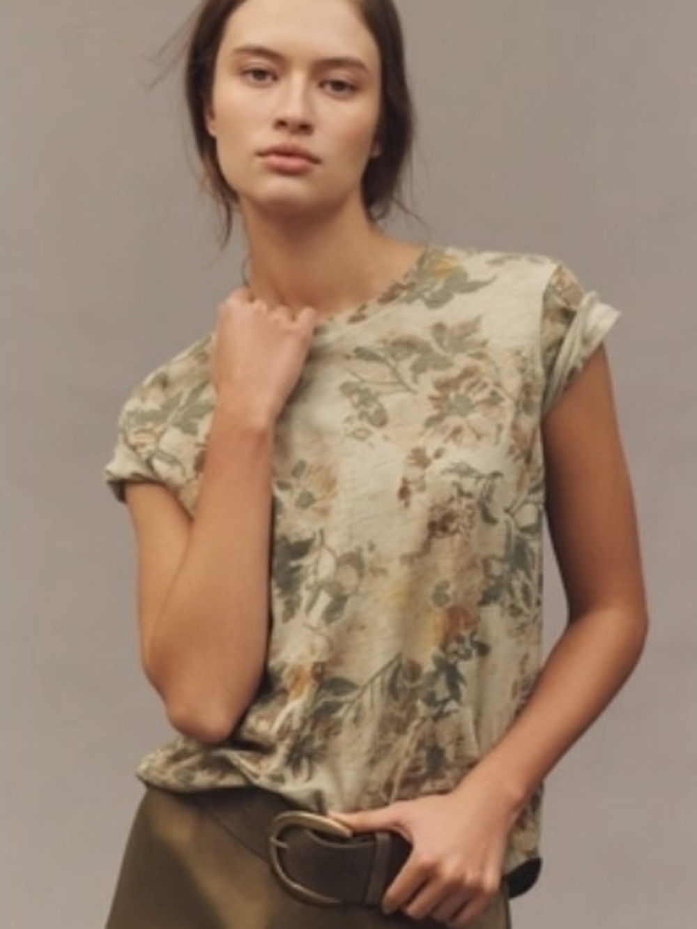 Pilcro Bennie 100% Cotton Crew Neck Tee - Sage and Tan